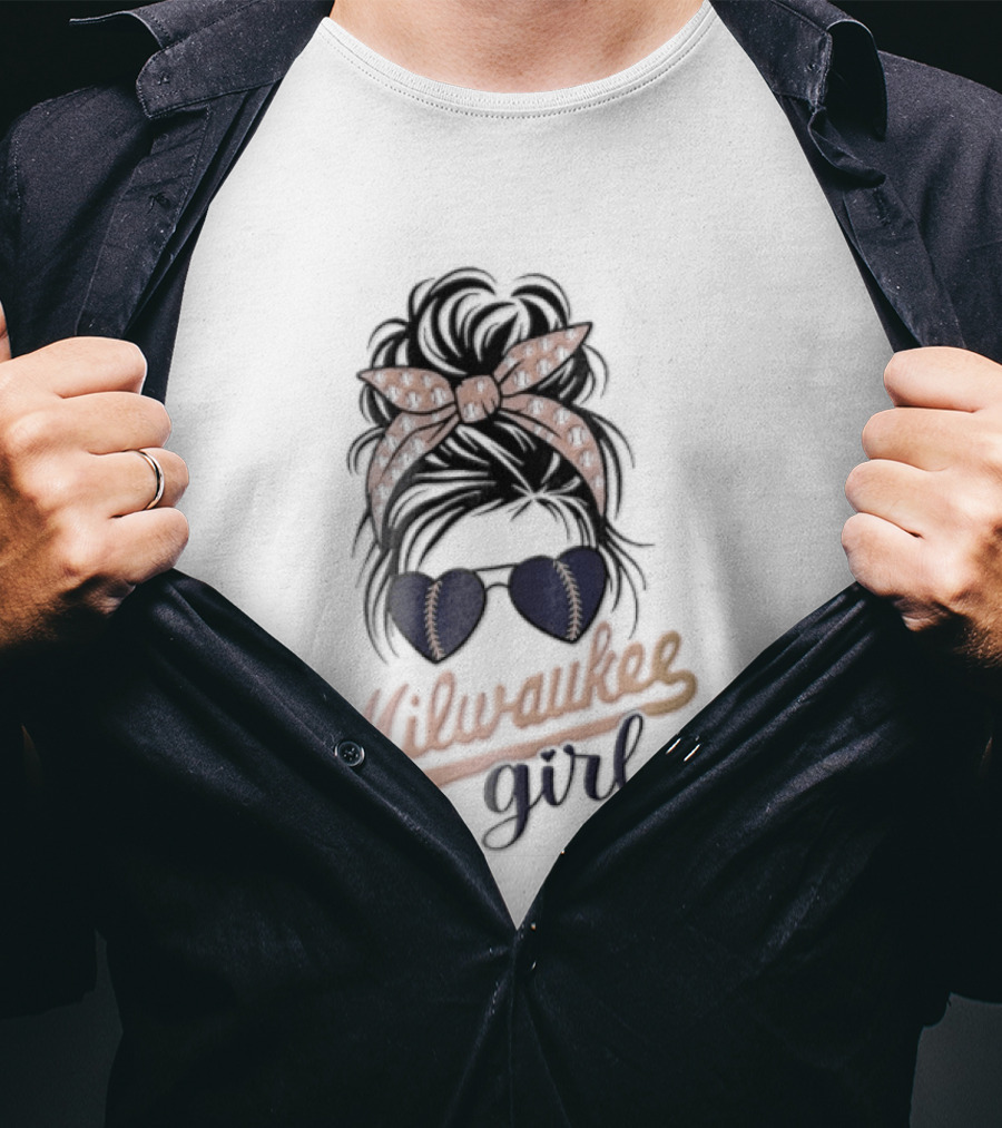 Milwaukee Girl Messy Bun Baseball Headband Sunglasses T-Shirt