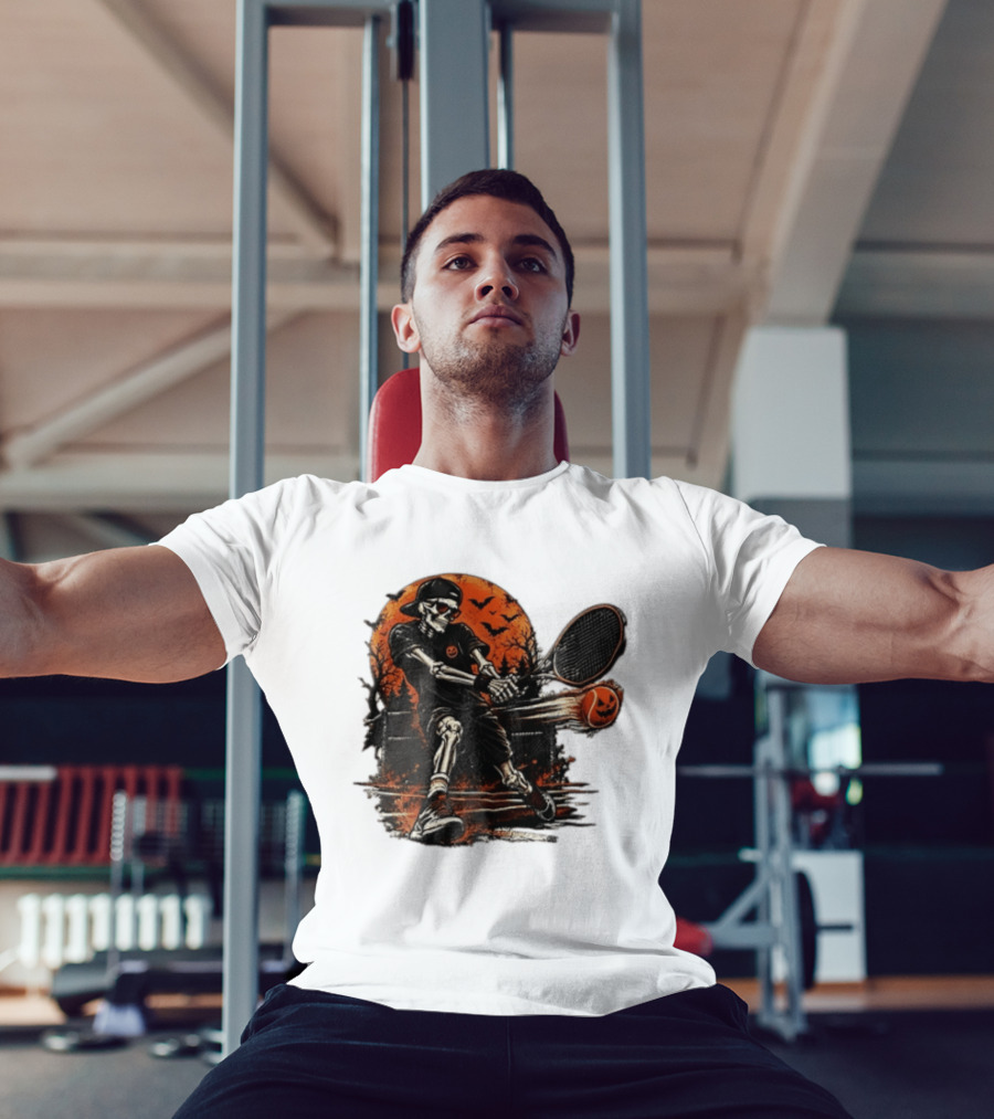 Halloween Skeleton Tennis Player With Pumpkin Ball And Full Moon T-Shirt