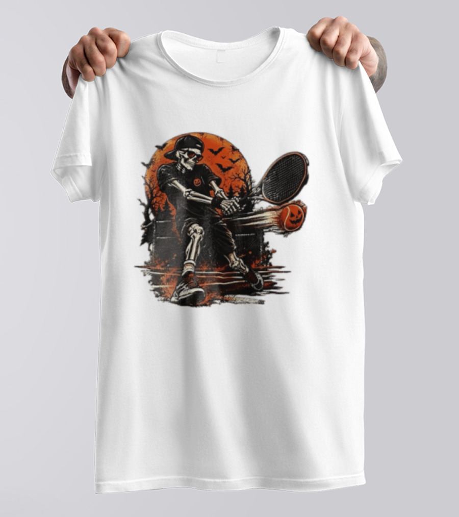 Halloween Skeleton Tennis Player With Pumpkin Ball And Full Moon T-Shirt