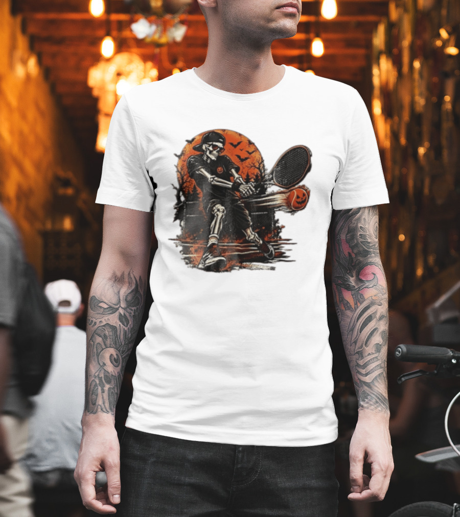 Halloween Skeleton Tennis Player With Pumpkin Ball And Full Moon T-Shirt