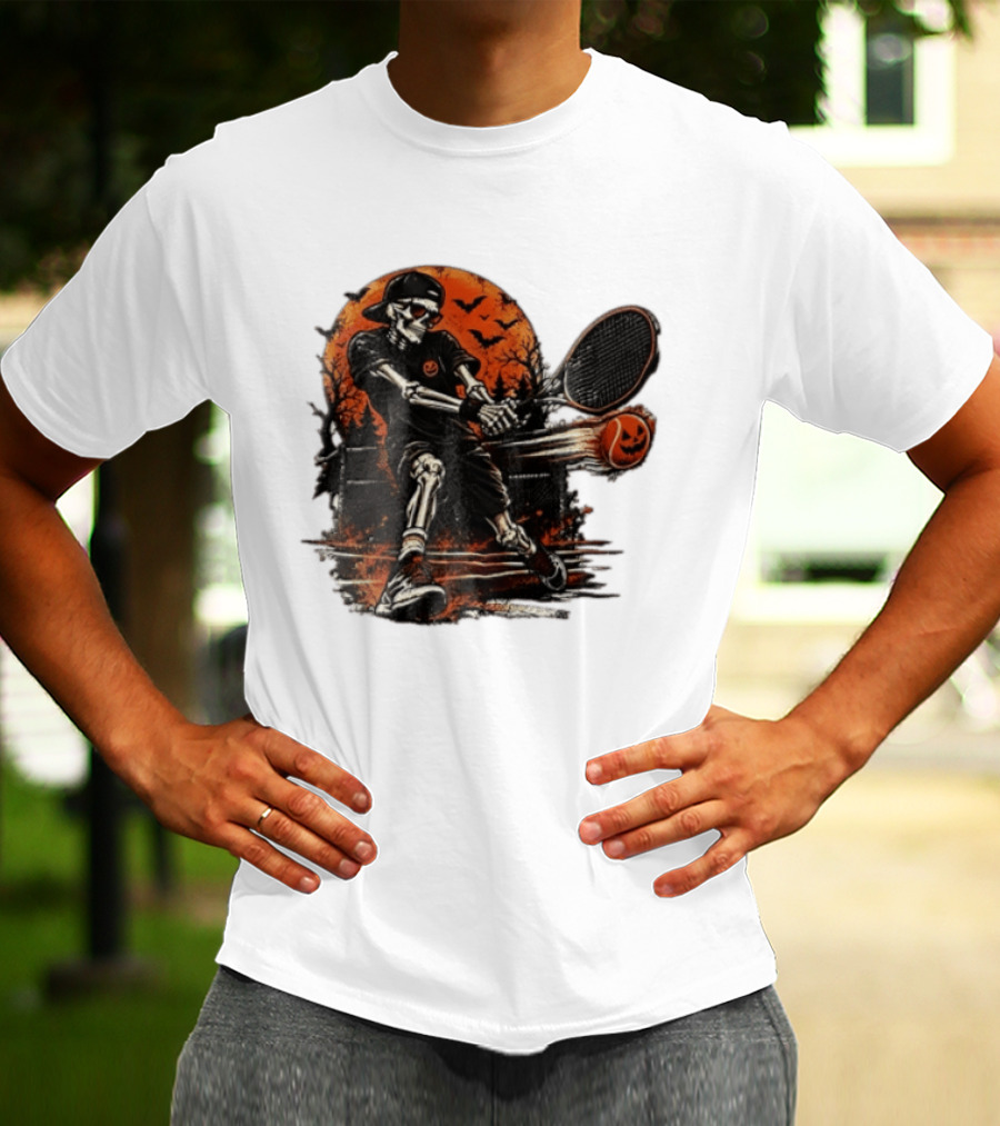 Halloween Skeleton Tennis Player With Pumpkin Ball And Full Moon T-Shirt