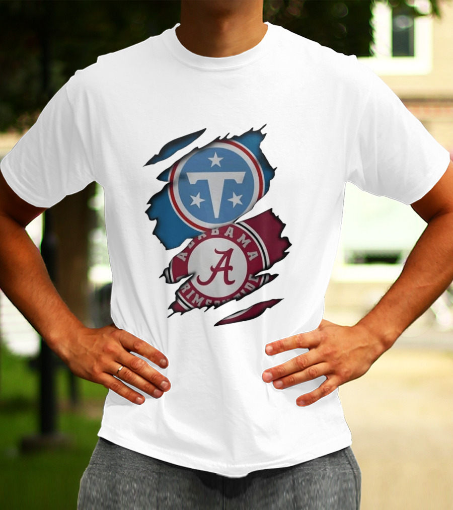 Tennessee Titans Alabama Crimson Tide Ripped Fabric Sports Fan Gear T-Shirt