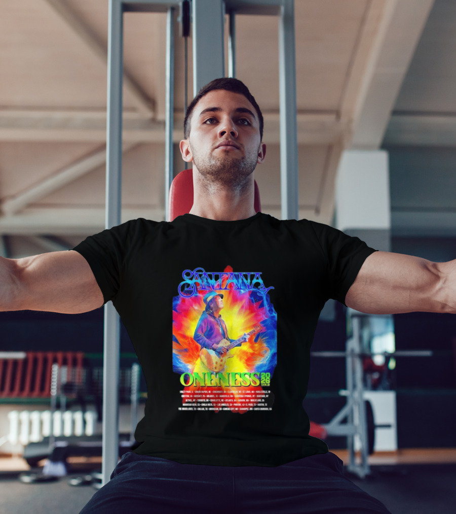 Santana Oneness 2026 Tour Carlos Santana Fire And Ice Tinley Park IL To Santa Barbara CA T-Shirt