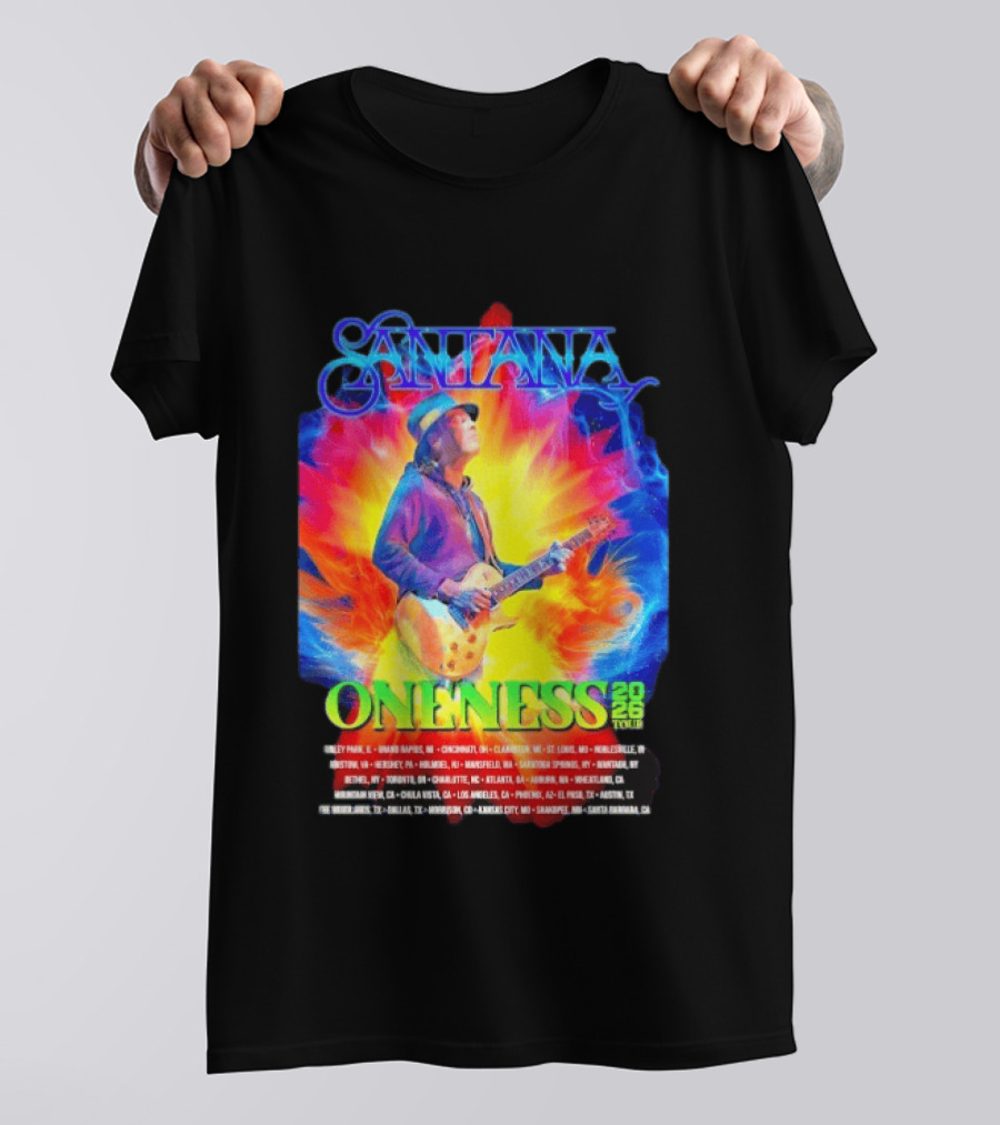 Santana Oneness 2026 Tour Carlos Santana Fire And Ice Tinley Park IL To Santa Barbara CA T-Shirt