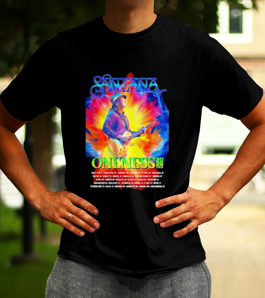 Santana Oneness 2026 Tour Carlos Santana Fire And Ice Tinley Park IL To Santa Barbara CA T-Shirt