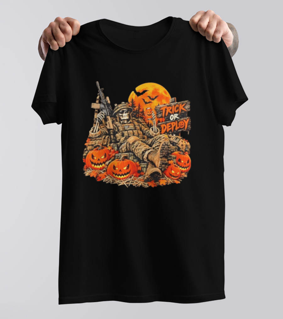 Trick Or Deploy Skeleton Soldier With Halloween Pumpkins And Rifle T-Shirt