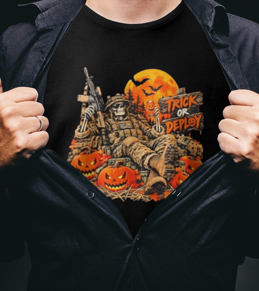 Trick Or Deploy Skeleton Soldier With Halloween Pumpkins And Rifle T-Shirt