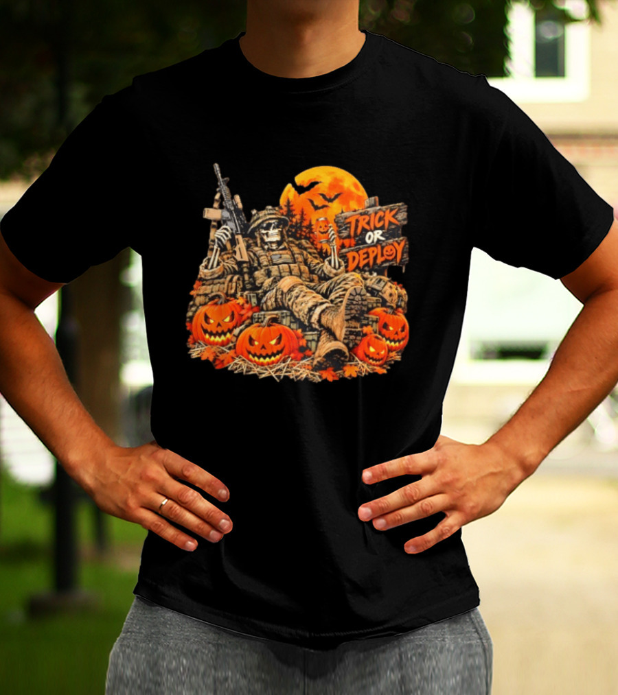 Trick Or Deploy Skeleton Soldier With Halloween Pumpkins And Rifle T-Shirt