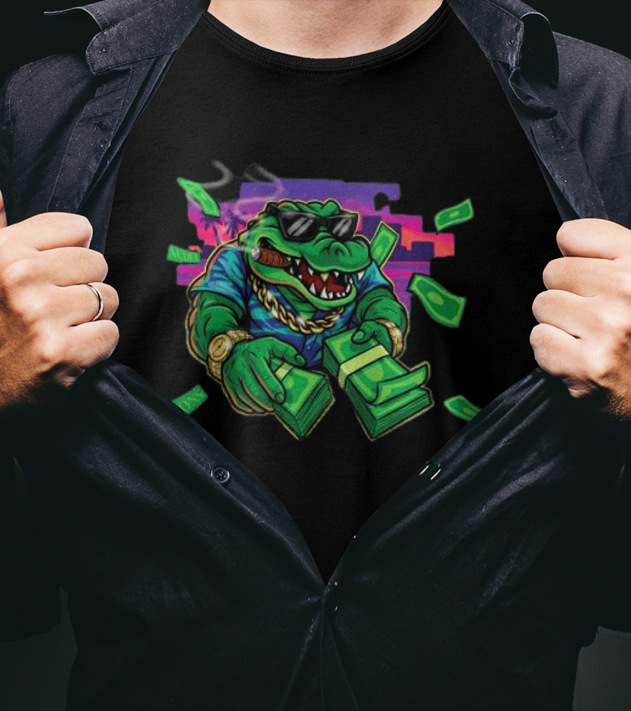 The Wynwood Walls Store Gons Audet Vice City Stylish Cigar Smoking Alligator With Sunglasses And Money T-Shirt