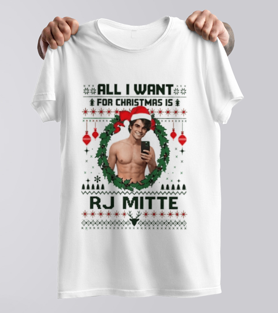 All I Want For Christmas Is RJ Mitte Ugly 2026 Santa Hat Wreath T-Shirt