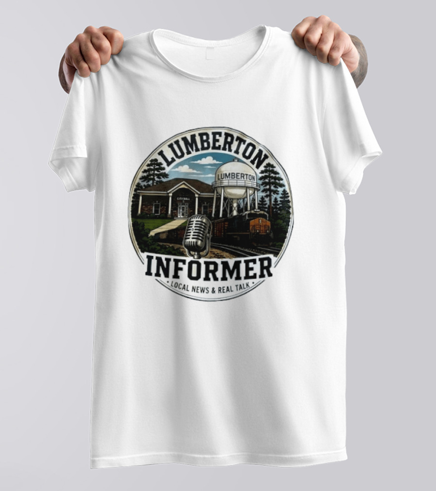 Lumberton Informer Local News Real Talk City Hall Microphone Train Tower Scenery T-Shirt