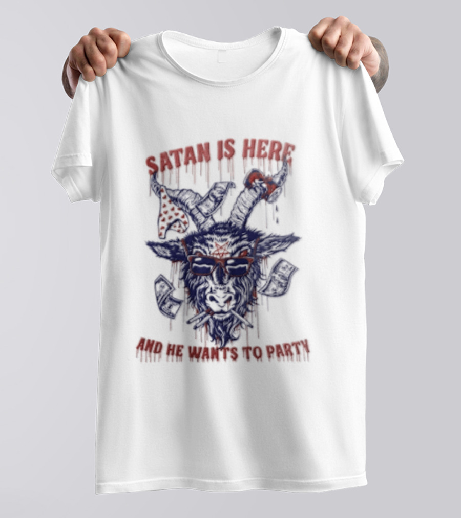 Satan Is Here And He Wants To Party Dripping Evil Goat Mask T-Shirt