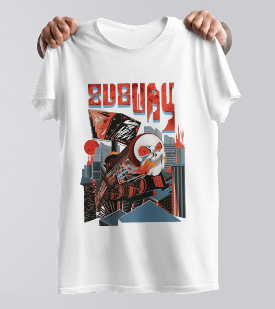Subway Goes To Hell Skull Train Surreal Cityscape T-Shirt