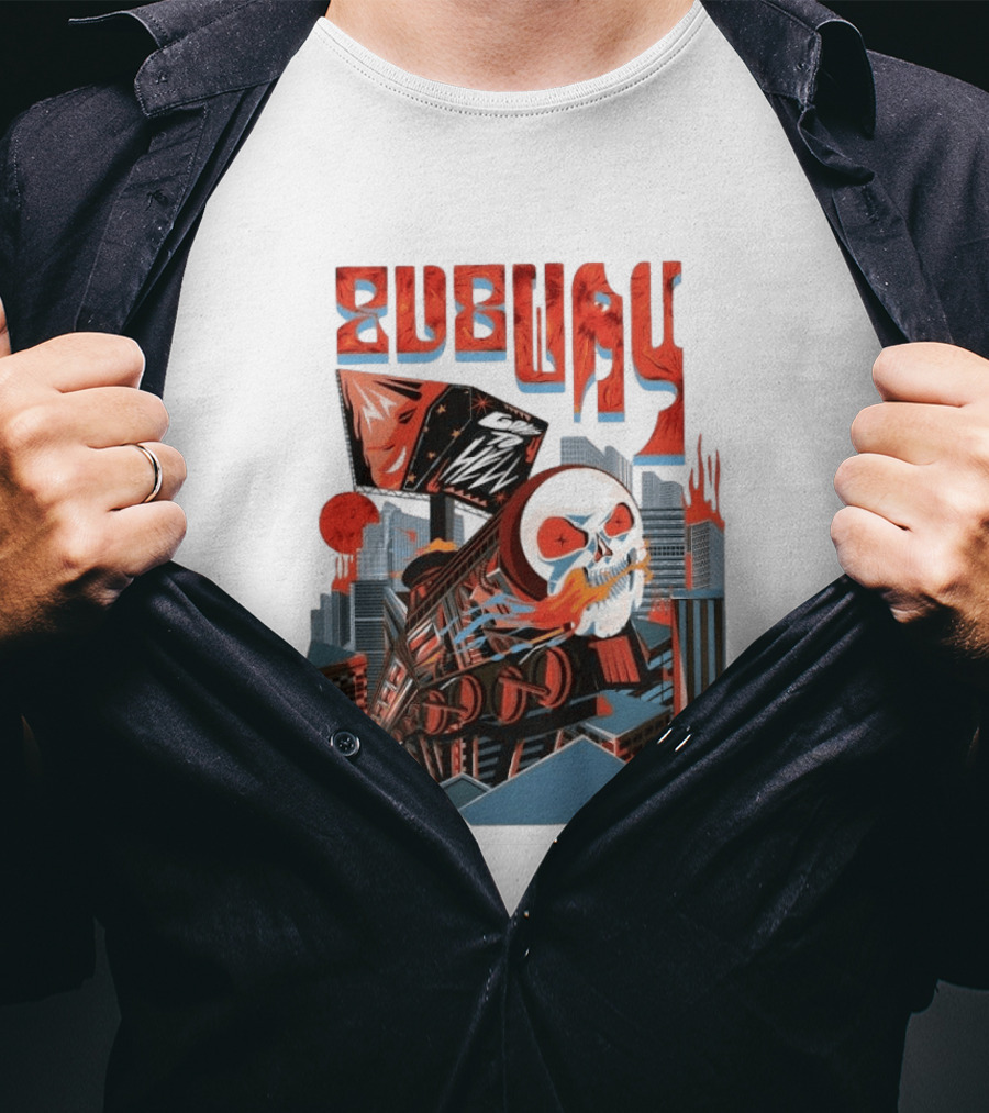 Subway Goes To Hell Skull Train Surreal Cityscape T-Shirt