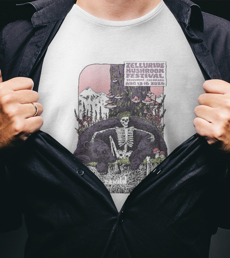 Telluride Mushroom Festival August 12 16 2026 Colorado Skeleton Bear Mountain Scene T-Shirt