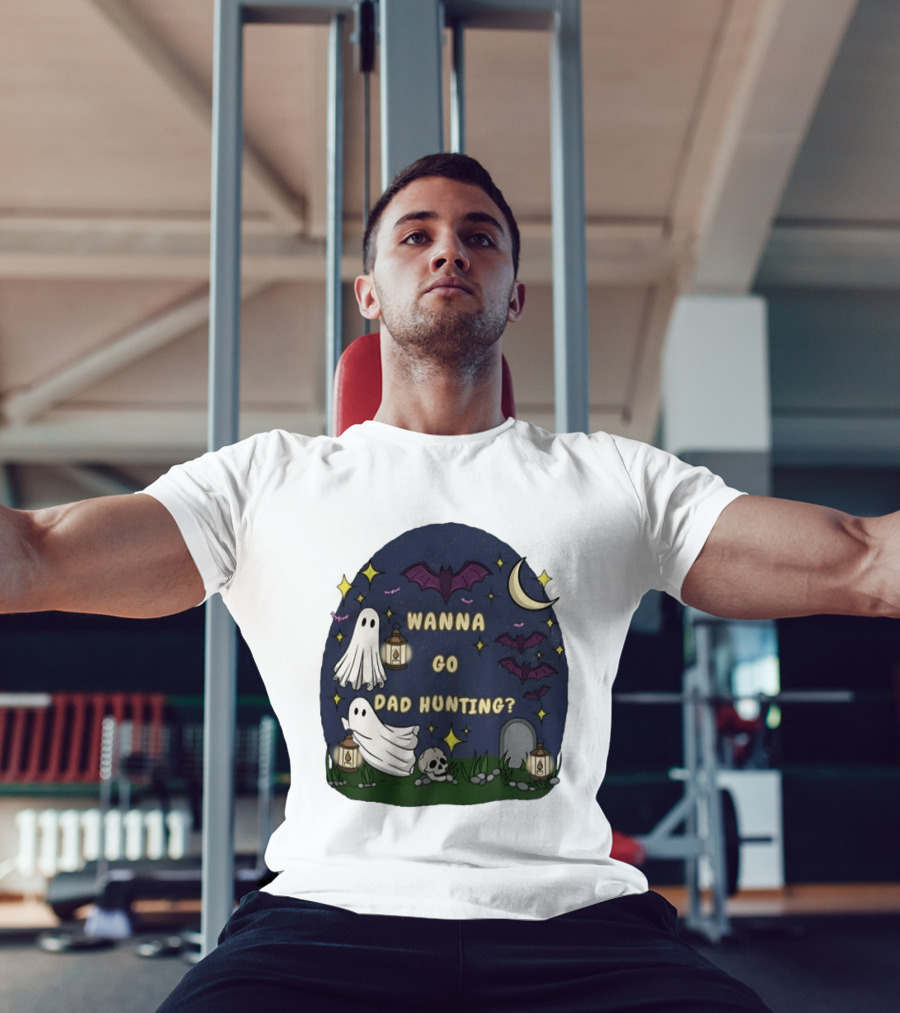 Wanna Go Dad Hunting Ghosts Bats Halloween Moon Lanterns T-Shirt