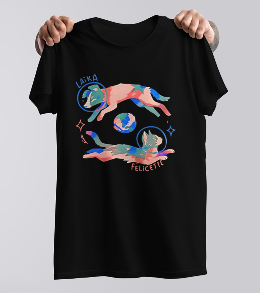 Felicette Cat And Laika Dog Celestial Orbit With Earth And Stars T-Shirt