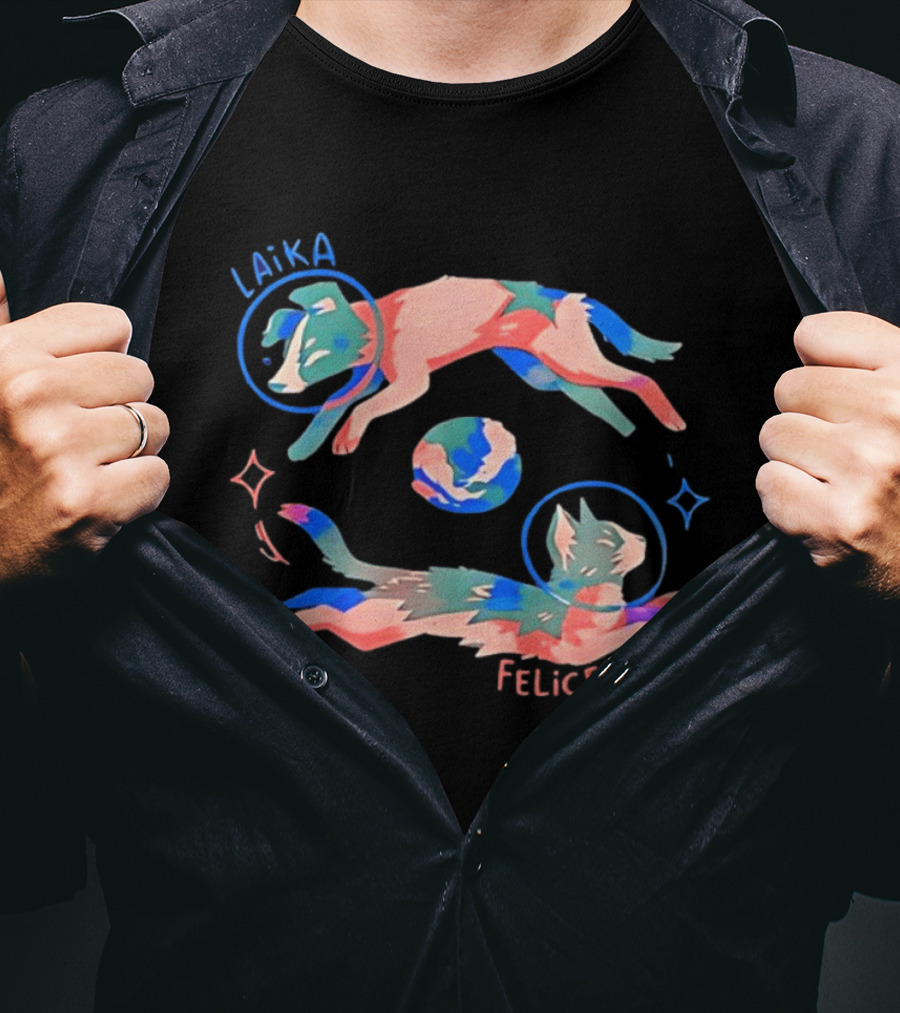 Felicette Cat And Laika Dog Celestial Orbit With Earth And Stars T-Shirt