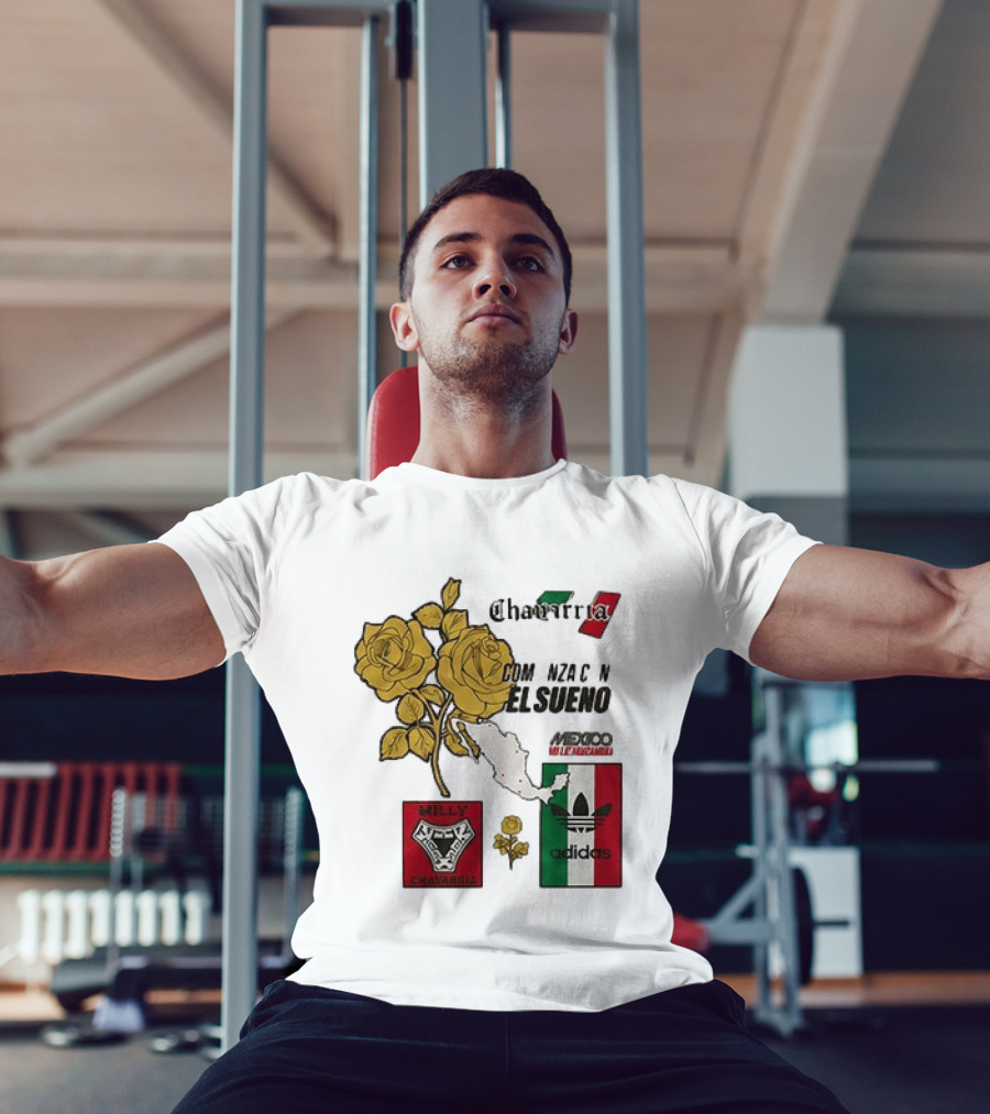 Mexico Willy Chavarria Adidas Comienza Con El Sueno 2026 Collaboration Gold Roses Map Mexican Flag T-Shirt