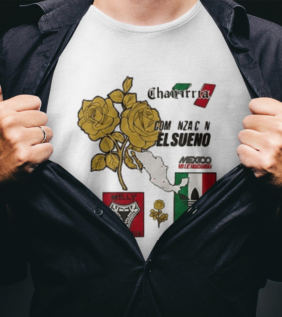 Mexico Willy Chavarria Adidas Comienza Con El Sueno 2026 Collaboration Gold Roses Map Mexican Flag T-Shirt