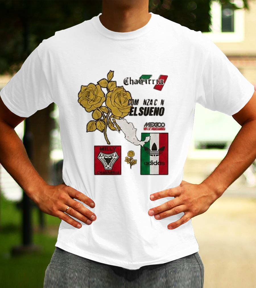 Mexico Willy Chavarria Adidas Comienza Con El Sueno 2026 Collaboration Gold Roses Map Mexican Flag T-Shirt