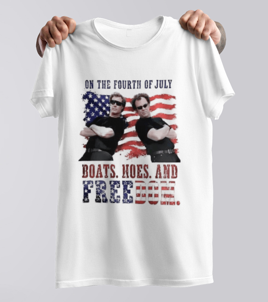 On The Fourth Of July Boats Hoes And Freedom Step Brothers American Flag T-Shirt