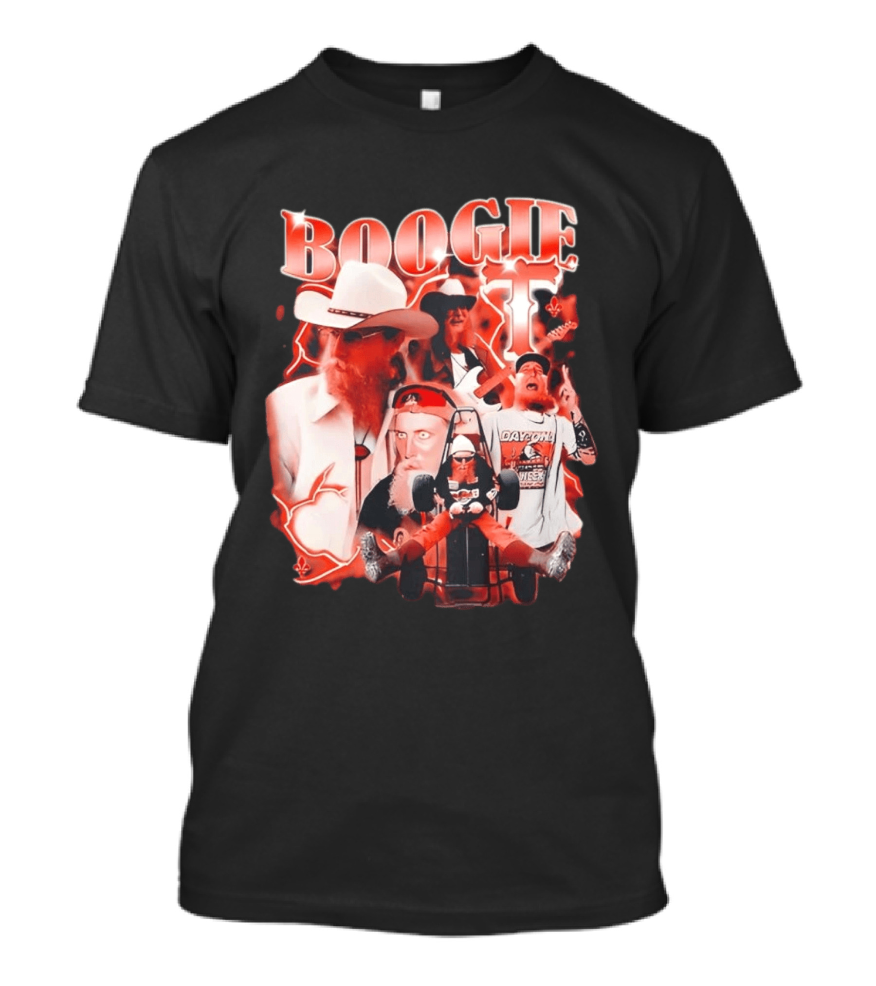 Boogie Get Faced Cowboy Hat Guitar Racing Collage T-Shirt