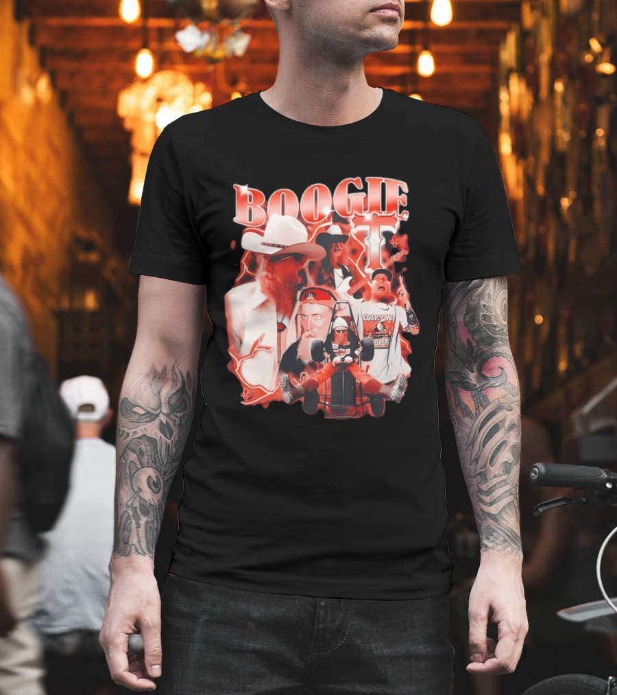 Boogie Get Faced Cowboy Hat Guitar Racing Collage T-Shirt
