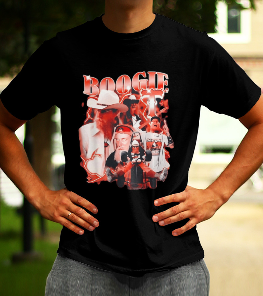 Boogie Get Faced Cowboy Hat Guitar Racing Collage T-Shirt