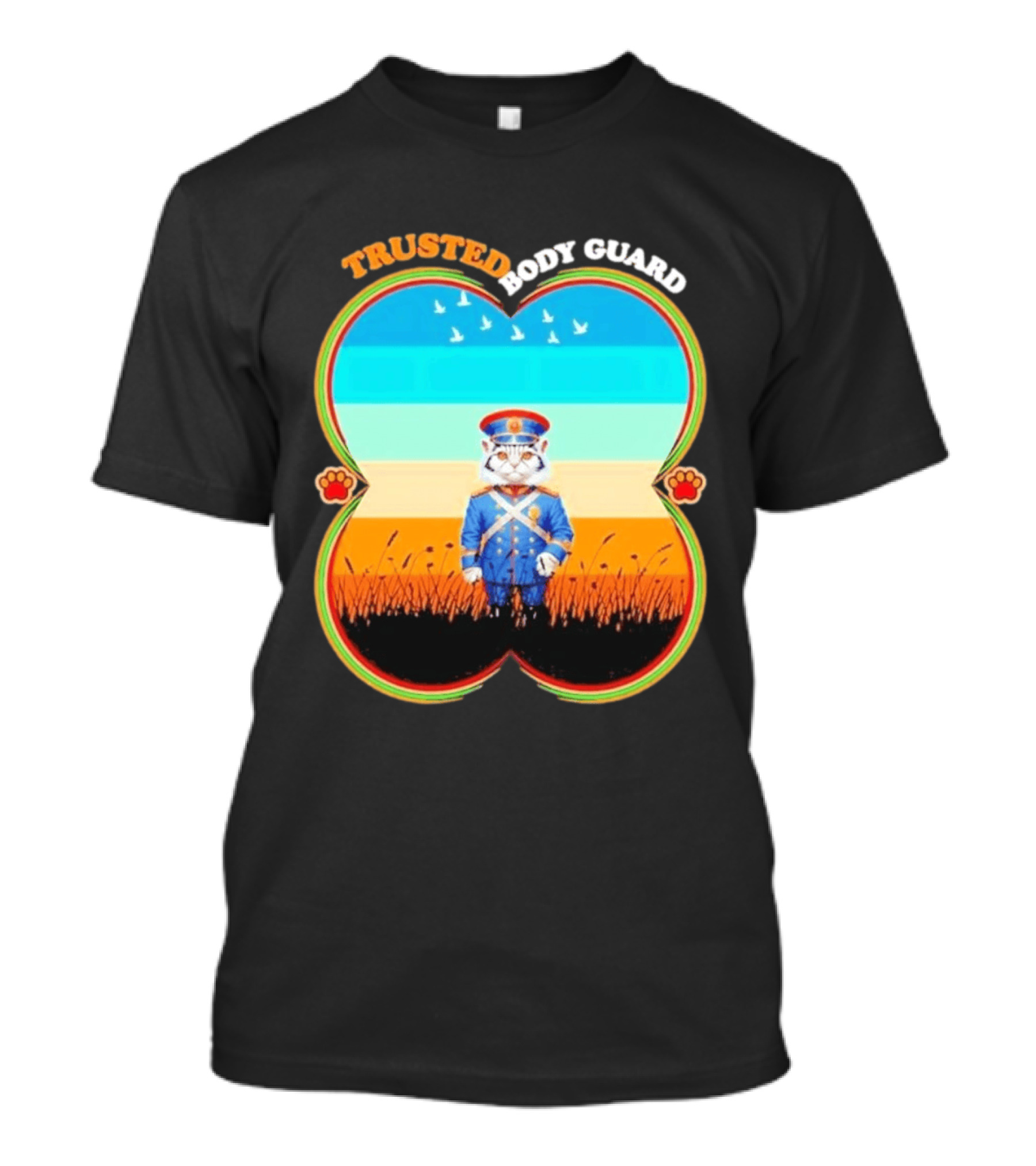 Trusted Body Guard Cat In Uniform With Sunset And Bird T-Shirt