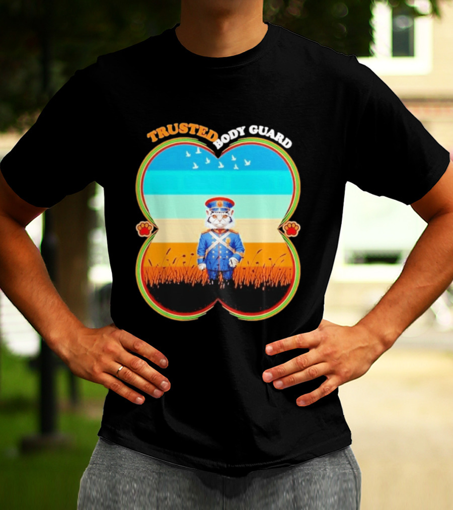 Trusted Body Guard Cat In Uniform With Sunset And Bird T-Shirt