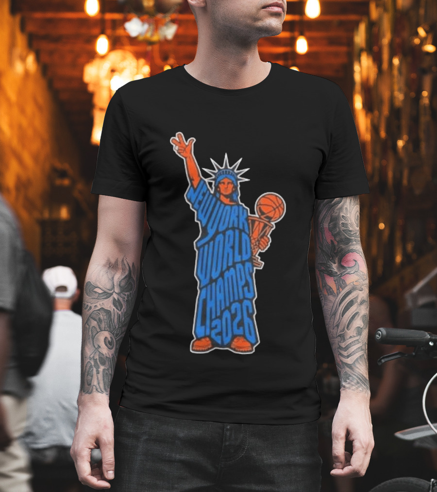 New York Knicks Statue Of Liberty World Champs 2026 Trophy T-Shirt