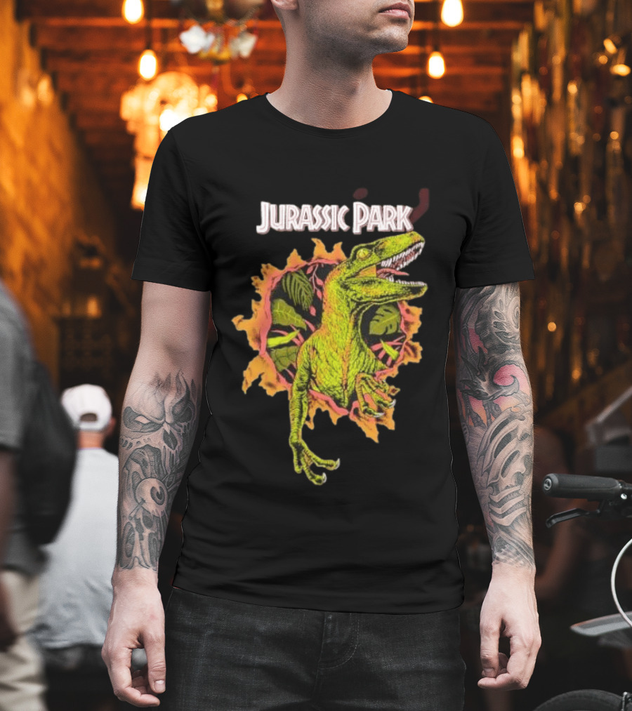 Velociraptor Jurassic Park Dinosaur Breaking Through Wall T-Shirt