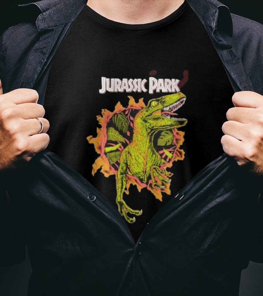 Velociraptor Jurassic Park Dinosaur Breaking Through Wall T-Shirt