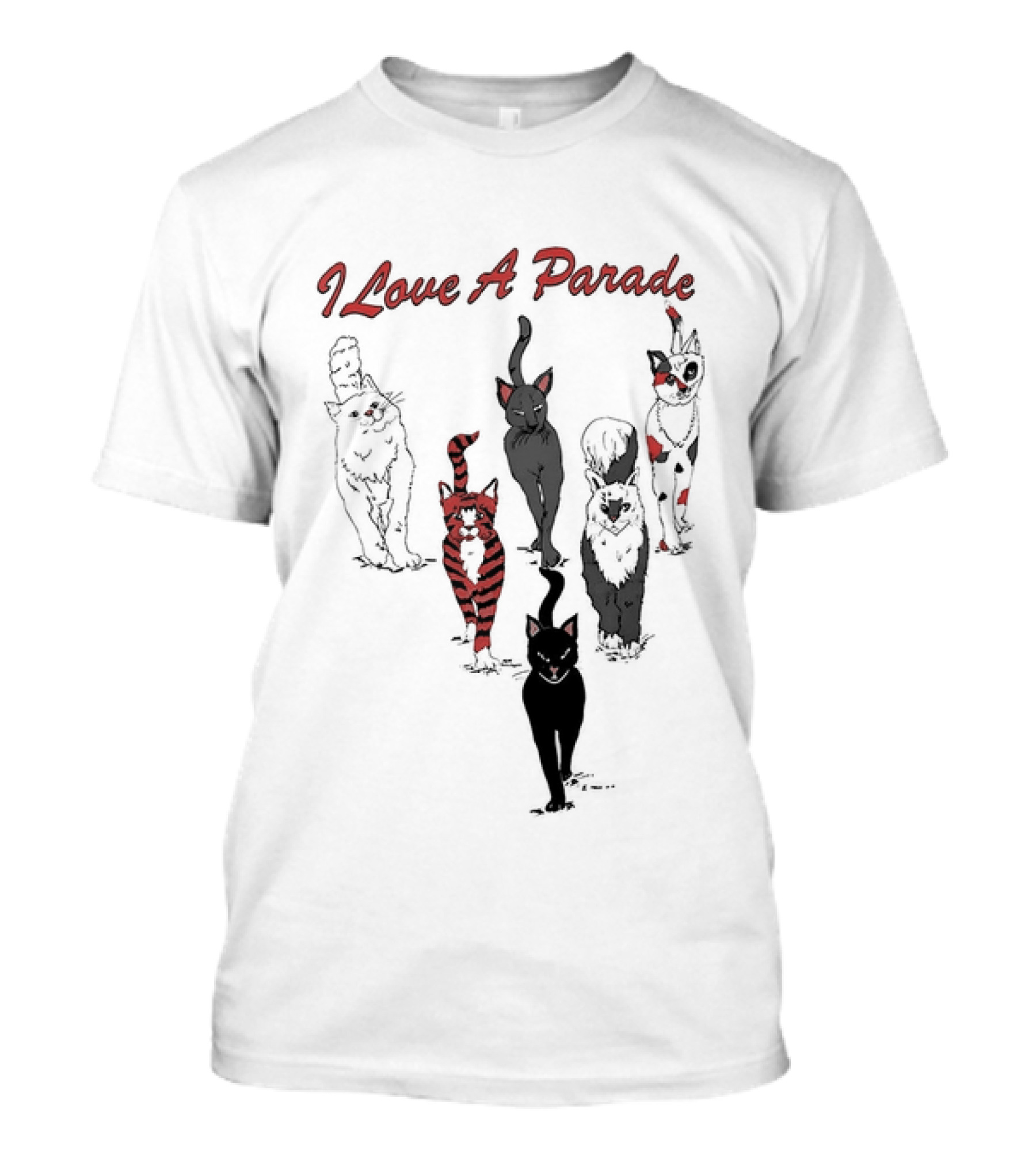 I Love A Parade Walking Cats Black Silhouettes Red Stripes T-Shirt