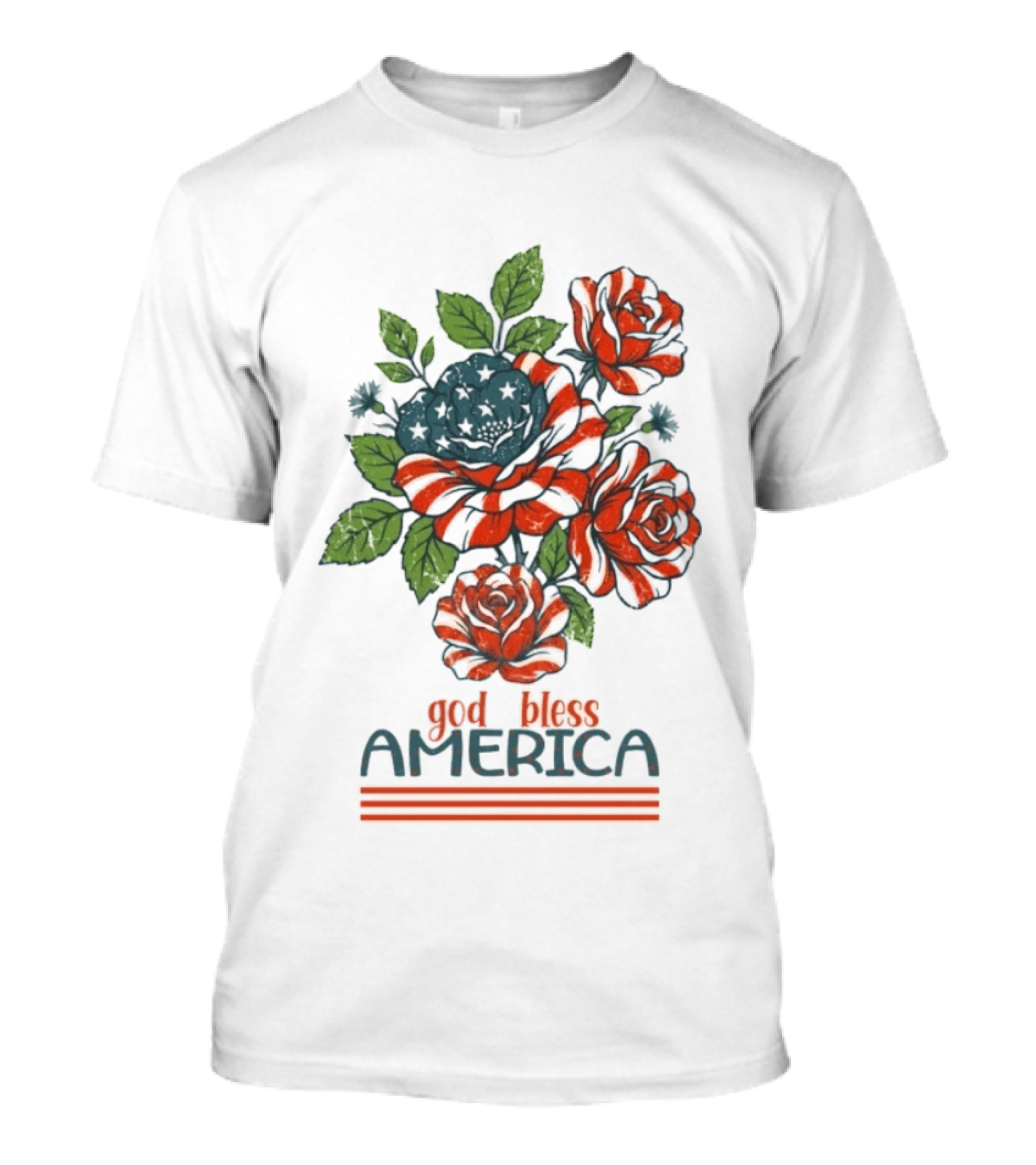 Patriotic Floral God Bless America Roses With Red White Blue Stripes T-Shirt