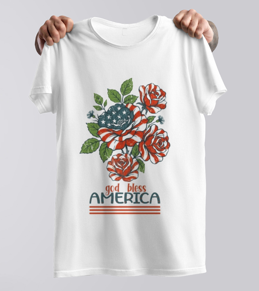 Patriotic Floral God Bless America Roses With Red White Blue Stripes T-Shirt