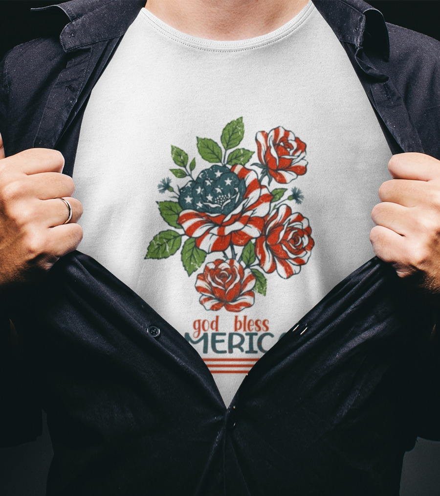 Patriotic Floral God Bless America Roses With Red White Blue Stripes T-Shirt