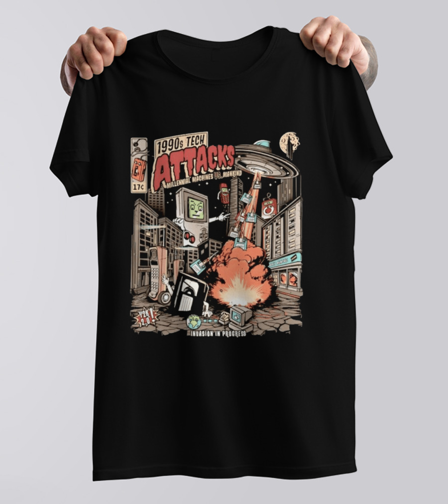 1990s Tech Attacks Millennial Machines Vs Mankind Invasion In Progress Y2K 2.0 T-Shirt