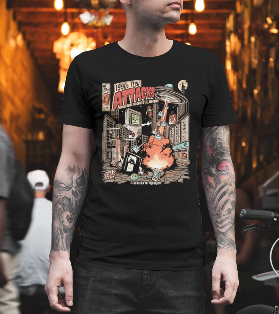 1990s Tech Attacks Millennial Machines Vs Mankind Invasion In Progress Y2K 2.0 T-Shirt
