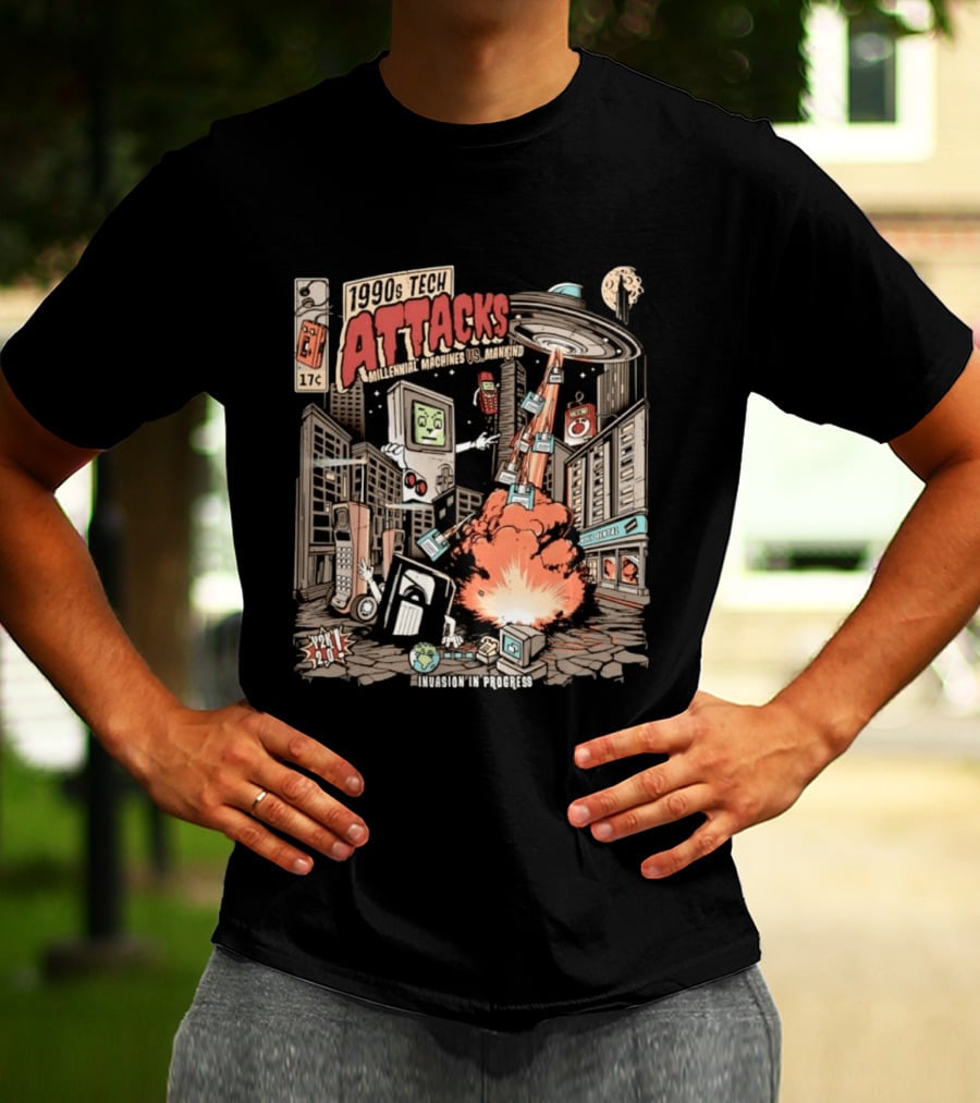 1990s Tech Attacks Millennial Machines Vs Mankind Invasion In Progress Y2K 2.0 T-Shirt