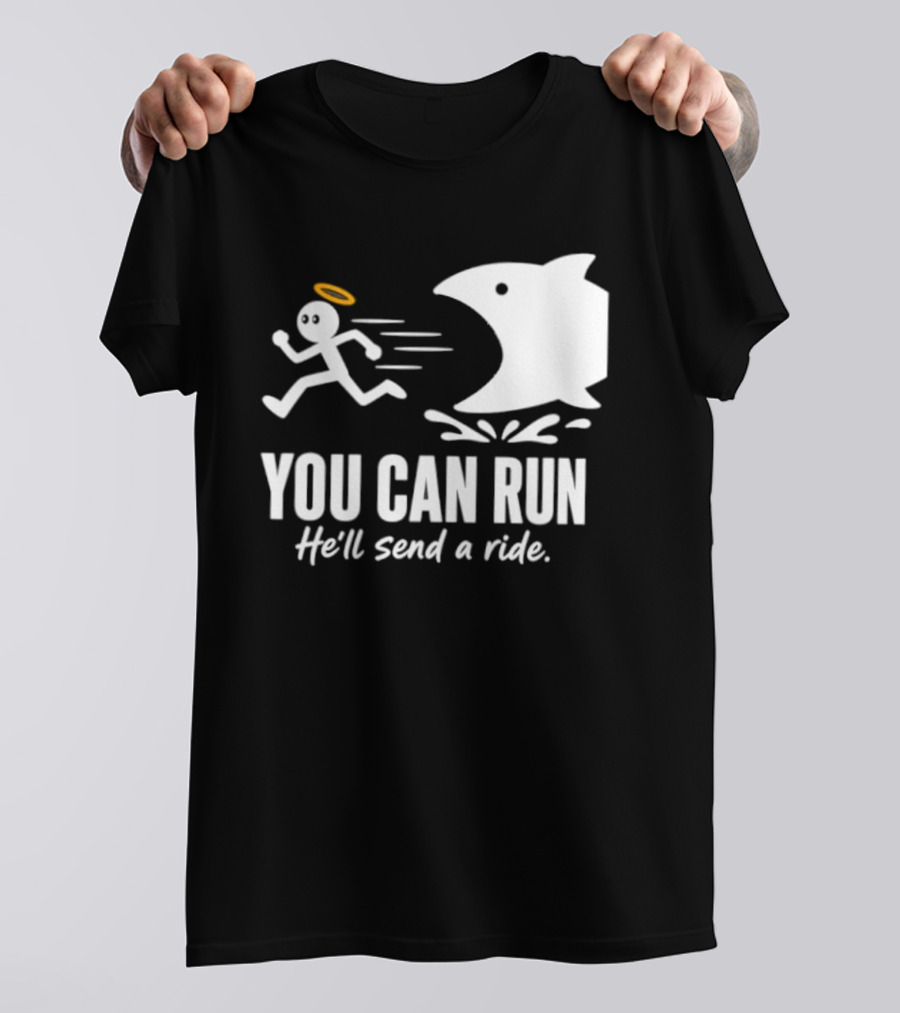 Angel Fleeing Shark You Can Run He'll Send A Ride Humor T-Shirt