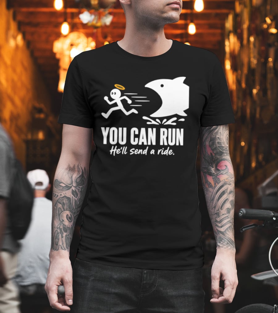 Angel Fleeing Shark You Can Run He'll Send A Ride Humor T-Shirt