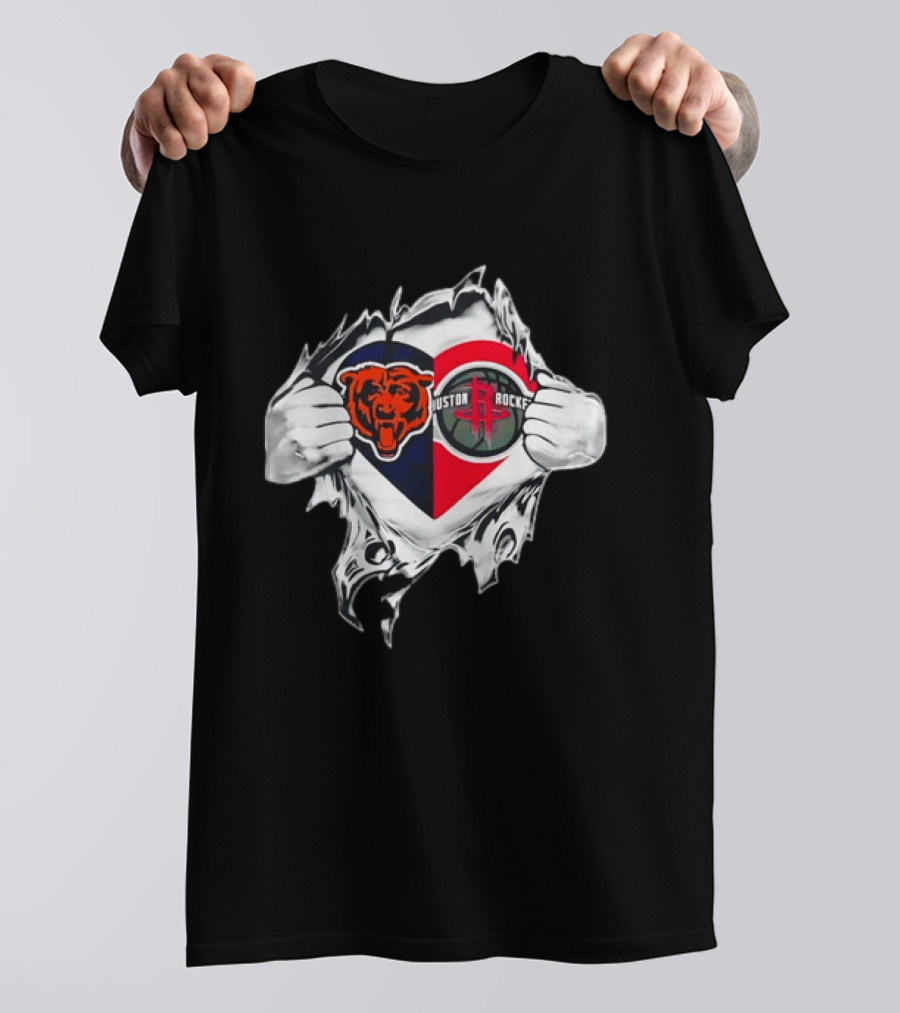 Chicago Bears Houston Rockets Ripped Chest Duo Logo Fan Gear T-Shirt