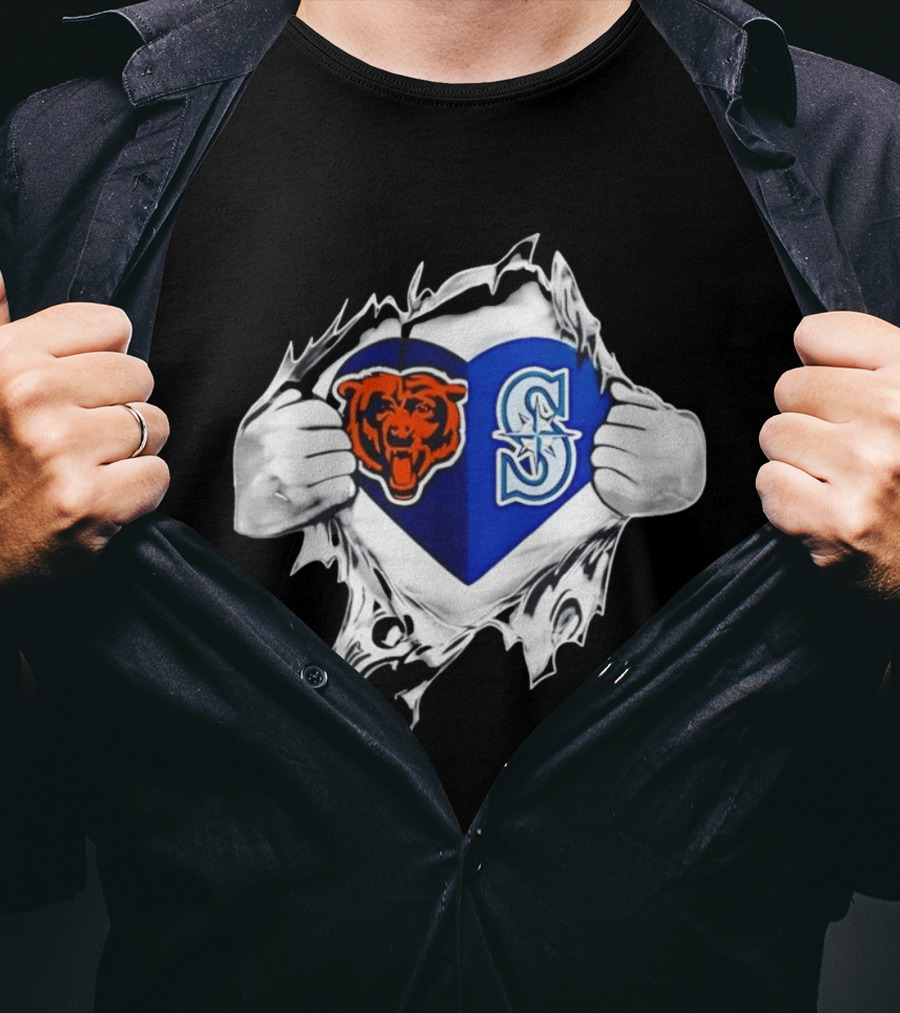 Chicago Bears Seattle Mariners Heart Ripping Through Chest Sports Fan T-Shirt