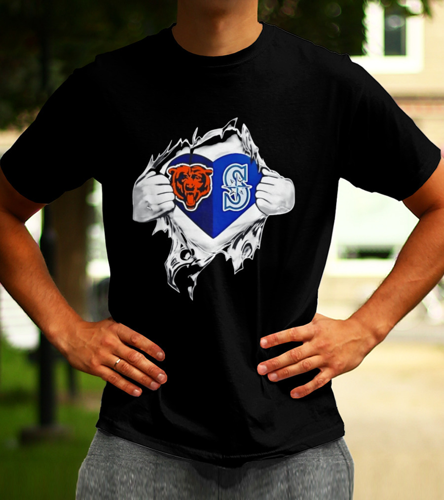Chicago Bears Seattle Mariners Heart Ripping Through Chest Sports Fan T-Shirt