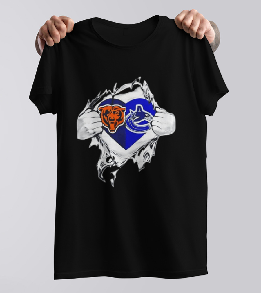 Chicago Bears Vancouver Canucks Heart Ripped Open Chest Sports Fans T-Shirt
