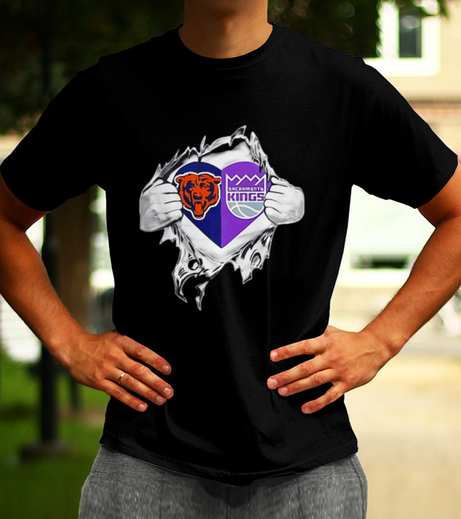Heart Rip Chicago Bears Sacramento Kings Fan Logo Combo T-Shirt