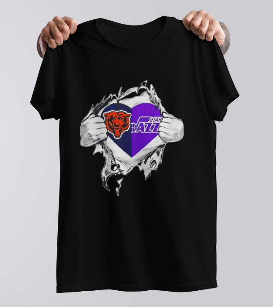 Heart Split Chicago Bears Utah Jazz Team Logos T-Shirt