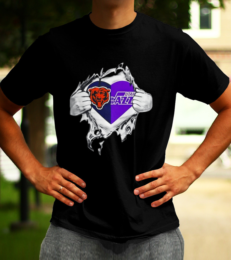 Heart Split Chicago Bears Utah Jazz Team Logos T-Shirt